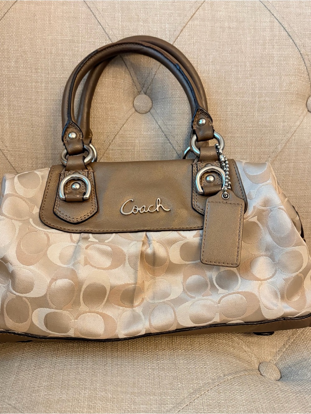 Coach Beige and Taupe Signature Satchel with Leather Trim